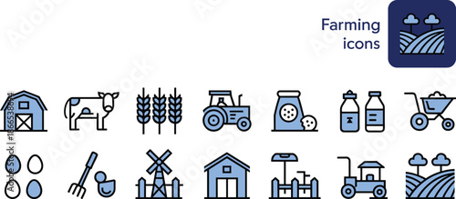 Farming, agriculture, icons, vector, illustration, sketch, outline, barn, cow, tractor, wheat, eggs, chicken, windmill, field, rake, market, shed, wheelbarrow, milk, feed