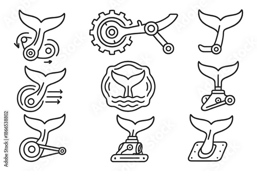 Whale Tail Mechanics Icons. Line style icons of whale tail mechanics: propulsion hinge node, tail rotation gear, fluid motion rod,