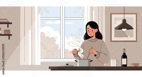 Woman Cooking in a Cozy Kitchen with Natural Light.