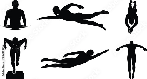 Black Vector Silhouette Set of Professional Swimmers and Divers Performing Various Athletic Strokes and Jumps Isolated on White Background