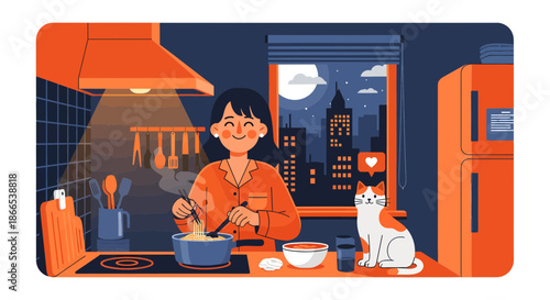 Woman Cooking with Cat in City Apartment Illustration.