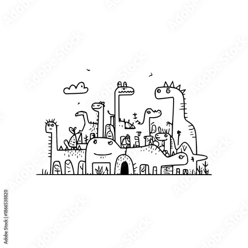 Dinosaurs Playing in Cityscape