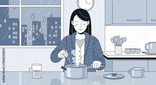 Woman cooking in kitchen stirring pot with focused expression.