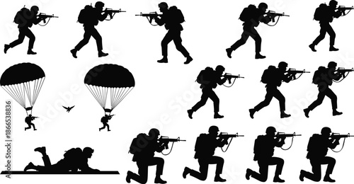 soldier combat silhouettes, military action poses with rifles, tactical army operations collection, black warfare figures isolated background