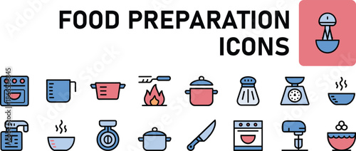 Food, preparation, icons, vector, illustration, sketch, outline, kitchen, cooking, oven, mixer, pot, bowl, knife, scale, steam, juicer, fork, appliance, utensil, ingredient
