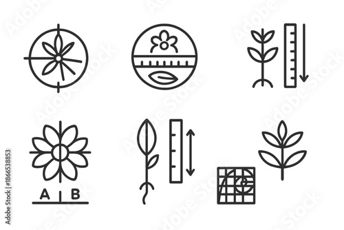 Botanical Tool Icons. Line style icons of botanical proportion tools: plant geometry dial, leaf-petal ratio ring, bloom alignment