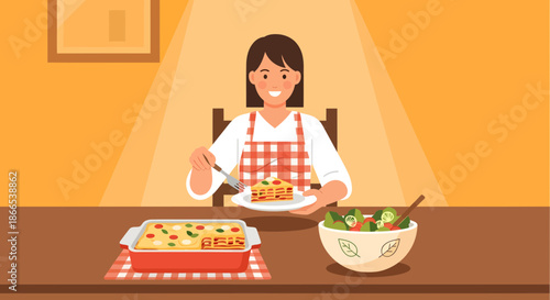 Woman enjoying a homemade lasagna dinner with salad.