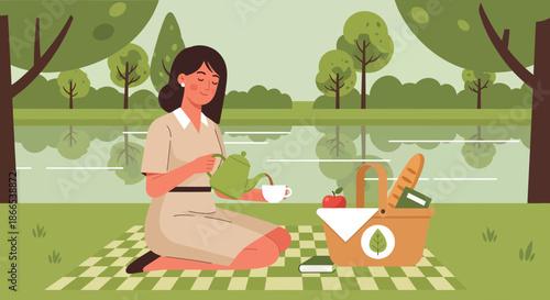 Woman Enjoying a Picnic by the Lake.