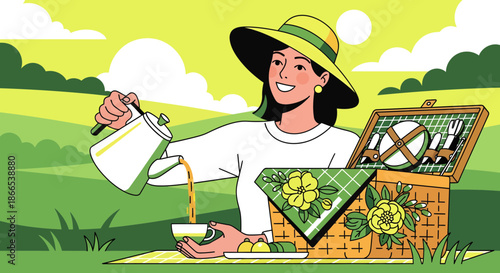 Woman Enjoying Tea at a Picnic in a Green Field.