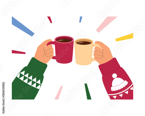 Two hands wearing sweaters holding mugs of coffee in a celebratory toast.