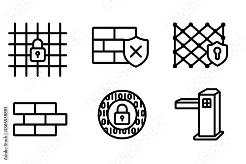 Digital Security Icons. Line style icons of digital security fencing: encrypted fence grid, firewall shield node, virtual gate