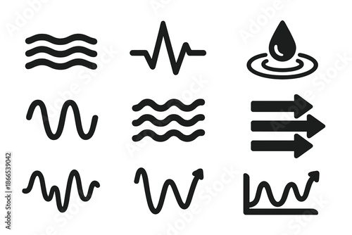 Rhythmic Fluid Icons. Solid style icons of rhythmic fluid mapping: stream flow, data pulse, droplet ring, signal curve, wave field