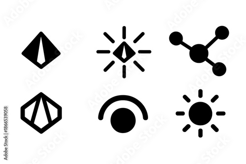 Prismatic Core Network Icons. Solid style icons of prismatic core networks: prism node, radiating beams, color flare, linked dots,