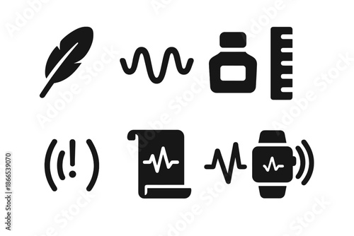 Feather Vibration Icons. Solid style icons of feather vibration tools: feather icon, oscillation wave, ink bottle, measuring rod,