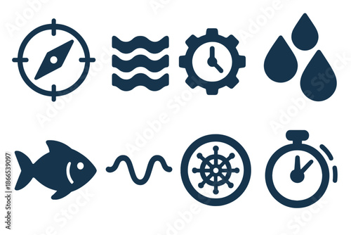 Oceanic Time Icons. Solid style icons of oceanic time devices: compass dial, water flow, clock gear, droplet pattern, fish outline