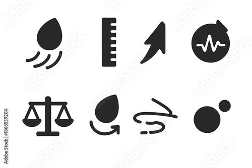 Floating Seed Icons. Solid style icons of floating seed measurement: seed silhouette, airflow lines, ruler icon, motion arrow,