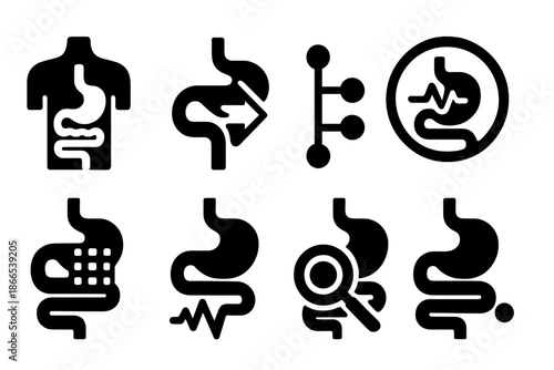Digestive System Icons. Solid style icons of digestive tracking systems: organ map, flow arrow, data nodes, pulse ring,