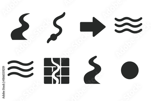 Riverine Flow Icons. Solid style icons of riverine flow systems: meandering stream, pulse node, directional arrow, ripple line,