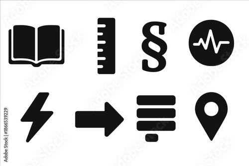 Foundation Grammar Icons. Solid style icons of foundation grammar: open book, ruler icon, paragraph symbol, pulse circle, energy