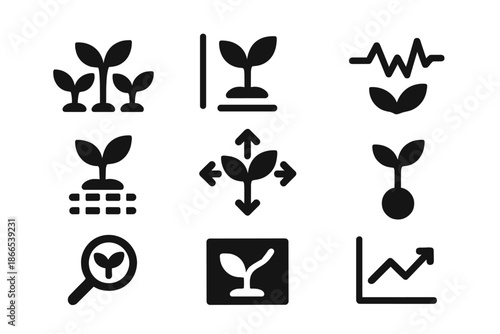 Plant Metric Icons. Solid style icons of plant cluster metrics: group of plants, measurement lines, pulse dots, scale grid,