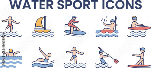 Water, sport, icons, vector, illustration, sketch, outline, swimming, sailing, kayaking, diving, jet, ski, paddleboarding, activity, ocean, wave, recreation, adventure, exercise