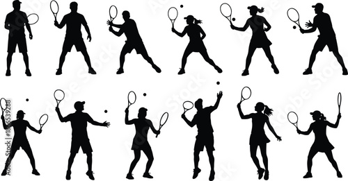 Tennis player silhouettes set featuring male and female athletes in action poses with rackets and balls, sports vector collection for competition,