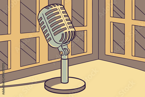 A classic vintage microphone with a polished metal finish stands ready for audio recording or performance in a studio setting.