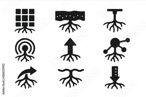 Root Stabilization Icons. Solid style icons of root stabilization systems: underground grid, soil layer, root anchor, pulse circle
