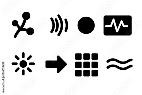Fungal Motion Icons. Solid style icons of fungal motion research: fungal hyphae, vibration indicator, pulse dot, frequency display