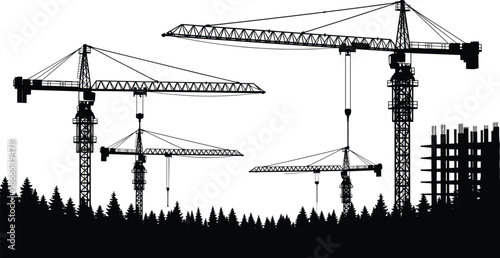 Tower crane construction site silhouettes, urban building development with lifting cranes, industrial skyline scene, engineering infrastructure vector illustration
