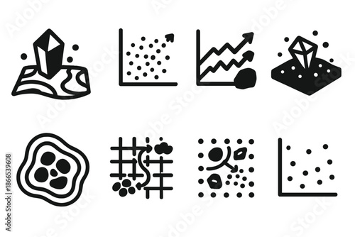Mineral Mapping Icons. Solid style icons of collective mineral mapping: crystal field map, mineral density plot, stone migration