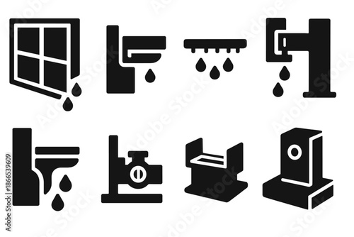Facade Water System Icons. Solid style icons of facade water systems: curtain wall drain, gutter slit plate, moisture dispersion