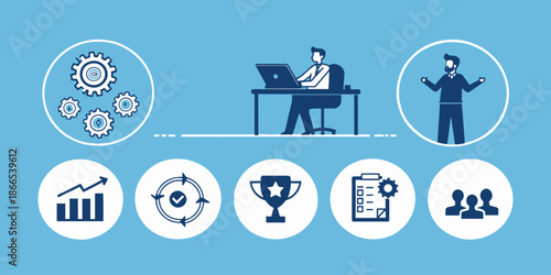 Business management and workflow automation concept with office worker and professional icon elements