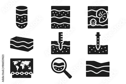 Historical Deposit Analysis Icons. Solid style icons of historical deposit analysis: layered soil core, ancient sediment column,
