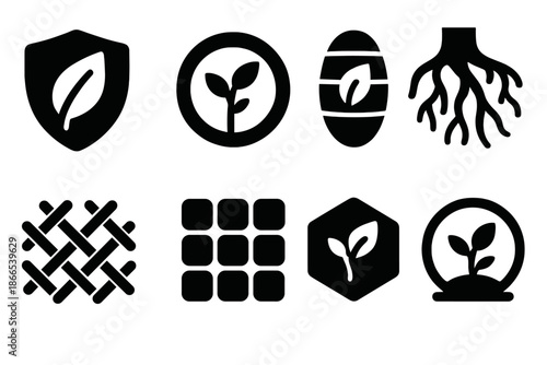 Armor System Botany Icons. Solid style icons of armor system botany: leaf shield plate, stem armor ring, bark layer defense,