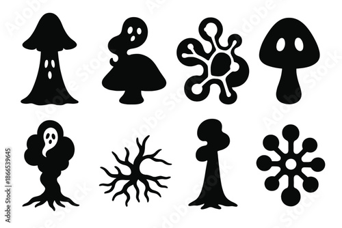 Haunted Mycelium Icons. Solid style icons of haunted mycelium formations: shadowed fungal spire, ghost mist dome, glowing vein