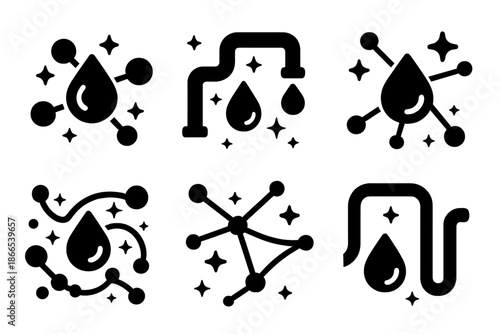 Stellar Syrup Network. Solid style icons of a stellar syrup network: radiant droplet chain, galactic flow conduit, cosmic pipeline