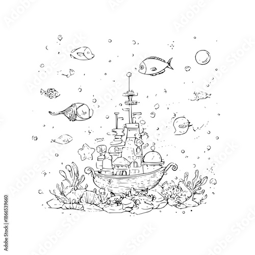 Underwater Castle Ship with Fish and Seaweed