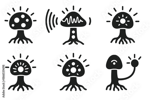 Fungal Soundwave Icons. Solid style icons of a fungal growth on a vocal power point: glowing spore node, soundwave mushroom hub,