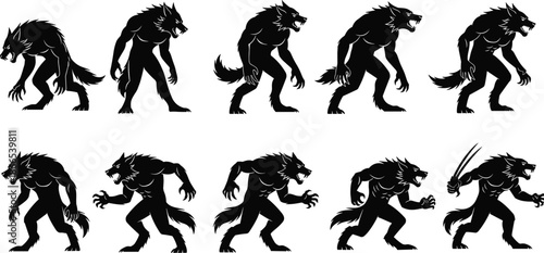werewolf silhouette set, monster wolf man poses, fantasy horror creature collection, black beast characters isolated white background