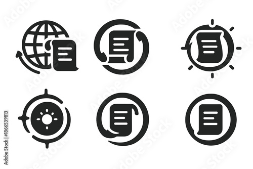 Spinning Archive Icons. Solid style icons of a self-contained spinning archive: rotating archive globe, scroll motion orb,