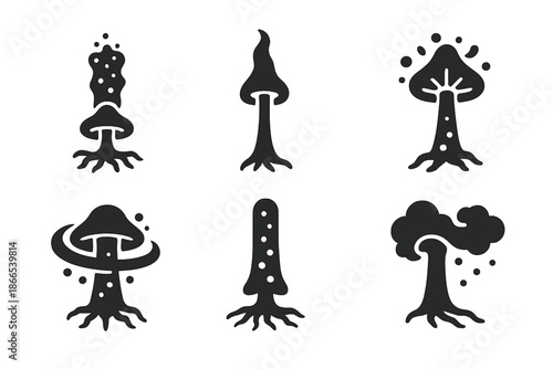 Fungal Tower Icons. Solid style icons of a fungal tower releasing ghostly spores: glowing spore column, misty mushroom spire,