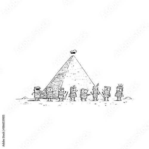 Cartoon Characters Standing in Front of Pyramid with UFO