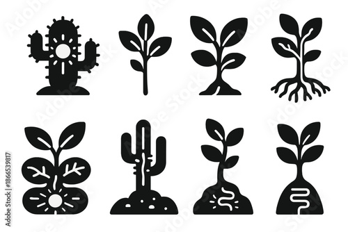 Glowing Cactus Icon. Solid style icons of a glowing gas in a hardy plant: radiant cactus core, light-charged stem, xenon-reactive