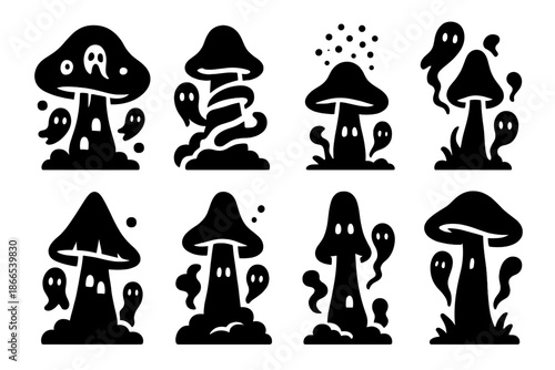 Haunted Mycelium Icons. Solid style icons of haunted mycelium towers: glowing ghost fungus, mist-wrapped column, spectral spore