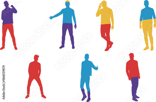 Colorful dual tone human silhouettes in various poses, standing, walking, gesturing, talking, lifestyle, diversity, abstract vector illustration design concept