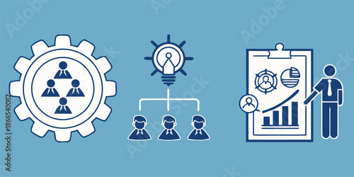 Business management icons for strategy development teamwork and data analysis on a blue background
