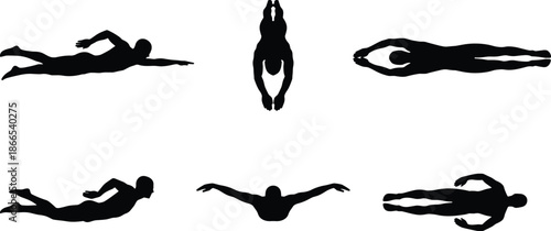 Black Vector Silhouette Set of Professional Swimmers and Divers Performing Various Athletic Strokes and Poses Isolated on White Background