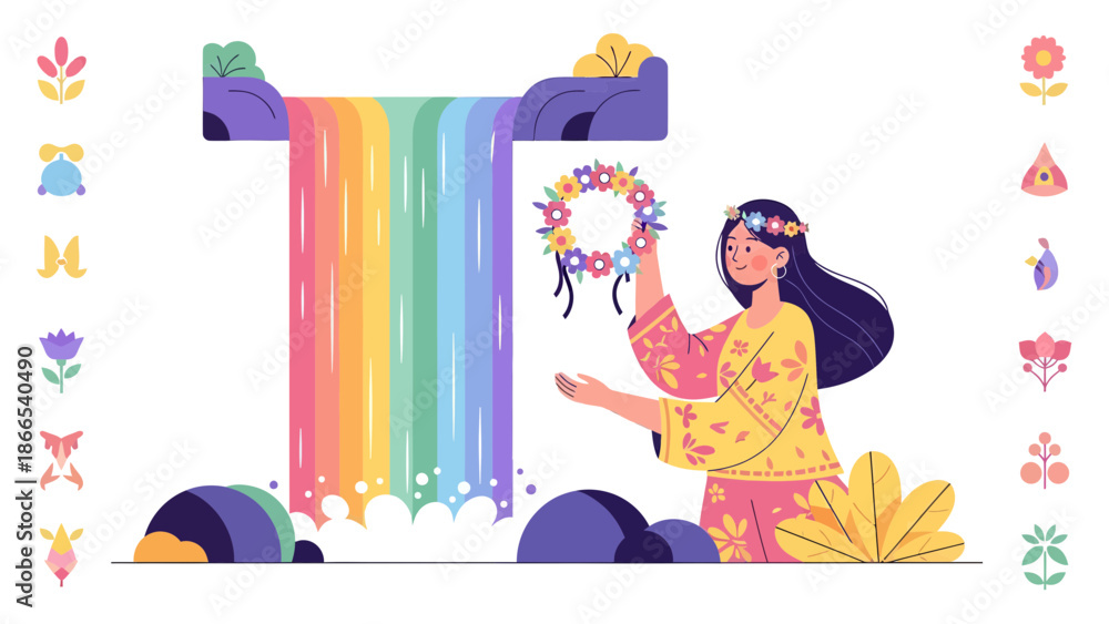 Fototapeta premium Dreamy Illustration With Rainbow Waterfall And Flower Crown Celebrating Nature