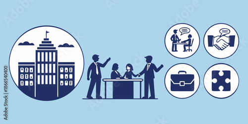 Business icons depicting corporate building a meeting and negotiation success on a blue background